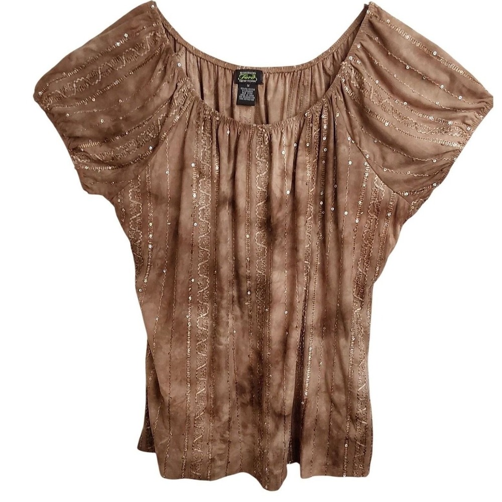 Shannon Ford New York Brown Tie Dye Sequin Embroidered Blouse Top Womens 1X